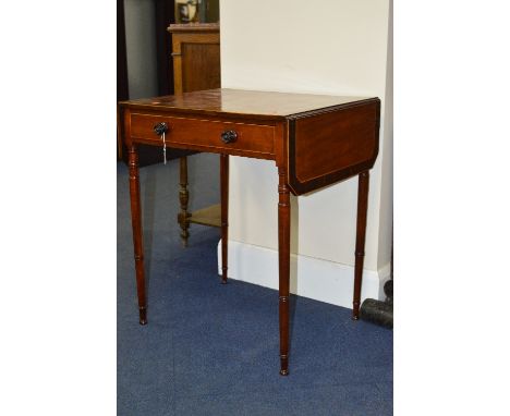 A GEORGIAN MAHOGANY, ROSEWOOD AND INLAID DOUBLE DROP LEAF SOFA TABLE, with a single drawer on turned legs