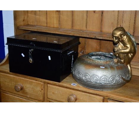 A METAL DEED BOX (key), together with an ceramic bowl with a seated monkey to rim, Amphora Austria stamped to underside (sd)