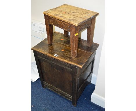 A GEORGIAN OAK PANELLED LIDDED CHEST, and a stool (2)
