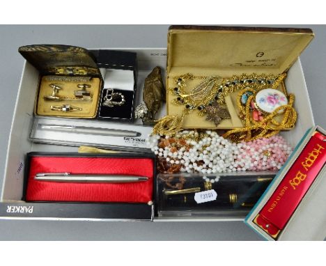 A TRAY OF MIXED COSTUME JEWELLERY, pens, harmonica, etc