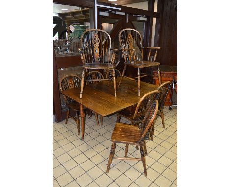 A GEORGIAN OAK SQUARE TOPPED GATE LEG TABLE, approximate size length 147.5cm x depth 115cm x height 68cm, together with a set