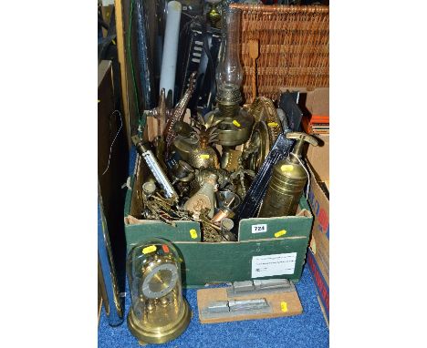 A BOX OF METALWARE, etc, to include shot flask, Minimax extinguisher, oil lamp, temperature gauge, Anniversary clock, etc