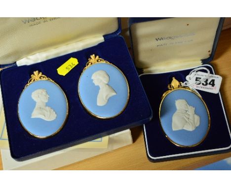 TWO BOXED LIMITED EDITION WEDGWOOD PORTRAIT MINATURES, to include Papal collection of oval portrait in pale blue jasper with 