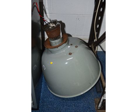 A DOMED PALE GREEN ENAMEL INDUSTRIAL LIGHT