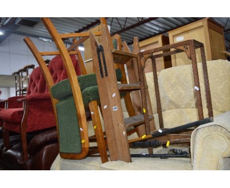 TWO OAK FRAMED CHAIRS, a pair of pine steps, four vintage wooden golf clubs, an oak stick stand and a vintage copper electric