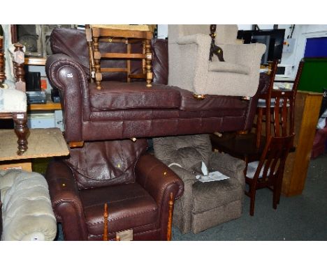 A MARKS & SPENCER BROWN LEATHER TWO SEATER SOFA, and a chair (2)