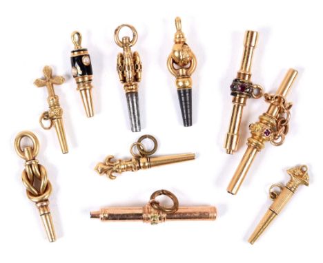 ANTIQUE WATCH KEYS 10 gold coloured watch keys, including an enamel and half pearl key, one stone set key (Rose Diamonds and 