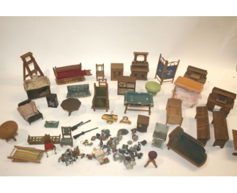 DOLLS HOUSE FURNITURE &amp; ACCESSORIES a large qty of Dolls House furniture including Dressers, Desks, Chesterfield Sofa, va