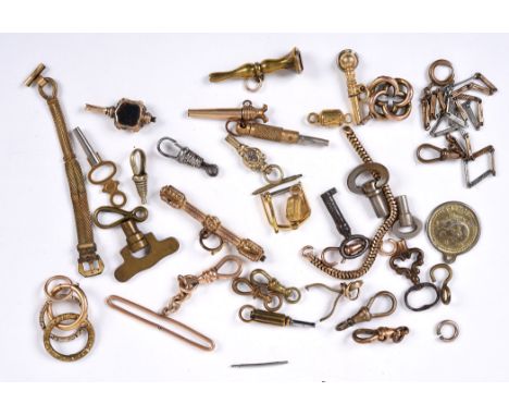 ANTIQUE WATCH KEYS & WATCH CHAIN PARTS a mixed lot including 11 various watch keys, 2 split rings and a bolt ring, and variou