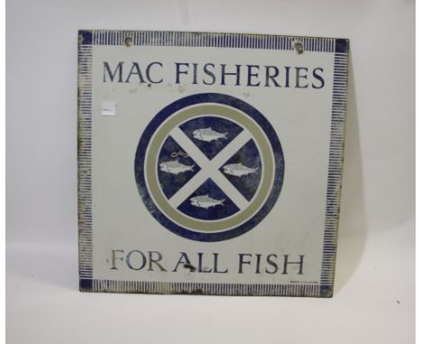 MAC FISHERIES ENAMEL SIGN a double sided enamel pictorial sign (one side faded), for Mac Fisheries, For All Fish, Garnier &am