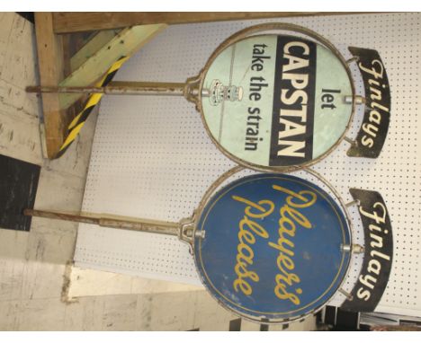 TWO ENAMEL ADVERTISING SIGNS - FINLAYS two interesting curved double sided enamel signs mounted on metal poles, both for Finl