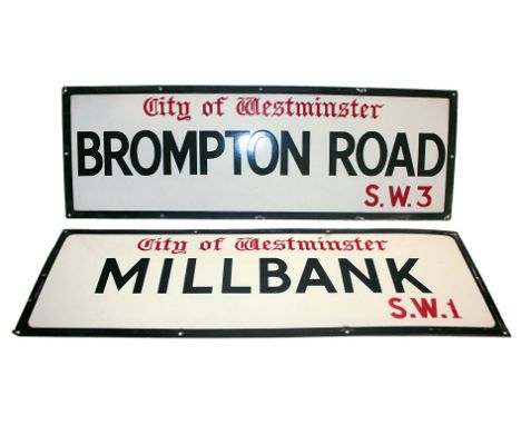 TWO LONDON ENAMEL STREET SIGNS two City of Westminster enamel Street signs, including Brompton Road SW3, and Millbank SW1. Ea