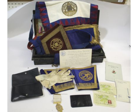 MASONIC ITEMS - DORSET a variety of Masonic items contained in a metal tin, including aprons and other accessories marked Dor