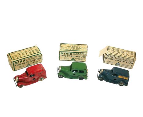 TRIANG MINIC  3 boxed models, 1M Ford £100 Saloon (Green with flaps of box missing), 1M Ford Saloon Royal Mail Van (flap miss