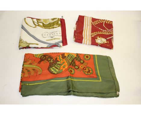 THREE HERMES SCARVES including one titled Spring, and two other patterned Hermes Scarves. (3)