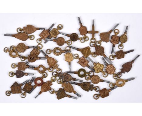 ANTIQUE BRASS WATCH KEYS - ADVERTISING approx 40 brass watch keys, all with makers names and towns. Including, J M K Logan (L