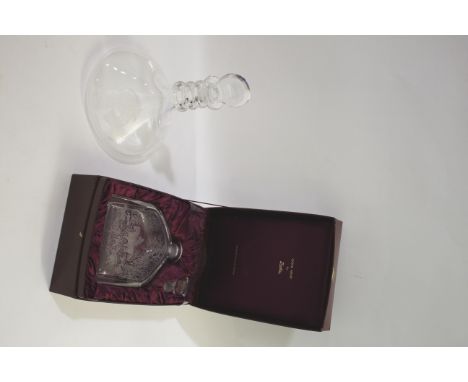 BOXED GLASS DECANTER - HUNTING INTEREST a modern boxed decanter titled Gone Away by Zaglo, etched with a Hunting scene on one
