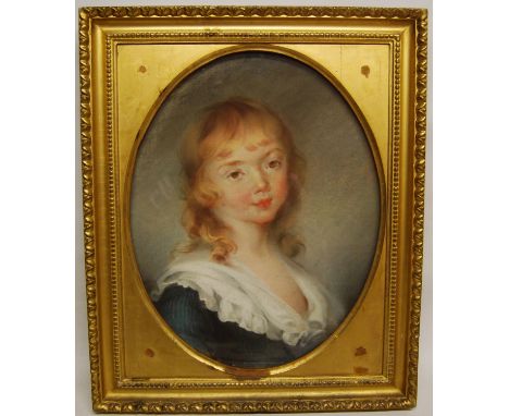 Portrait of a young lady in a blue dress with white collar, watercolour, 38cm x 30cm, label verso: George Block, only child b