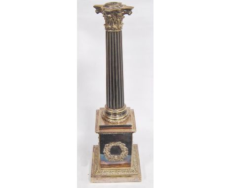 Large electroplated Corinthian column lamp of classic form, the plinth base decorated with garlands, mounted by a glass bowl,