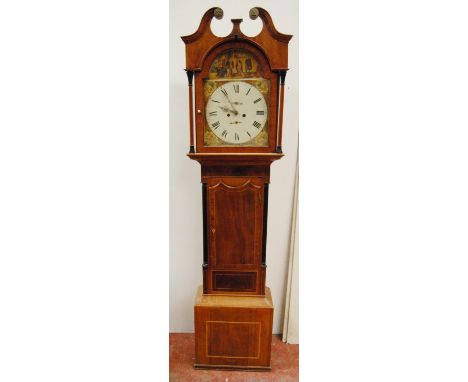 19th century mahogany eight day longcase clock, the swan neck pediment over painted face depicting 'The Lady of the Lake', Ro