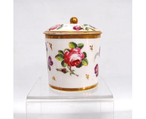 Continental hard paste jar and cover decorated with pink roses and purple sweet peas, gilt banding, mounted by a cherry finia