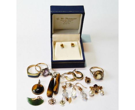 Citrine ring, two others and various earrings and other items. 