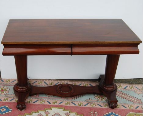 William IV mahogany hall table, the rectangular top over ogee frieze drawers, on tapering turned columns, plinth base and scr