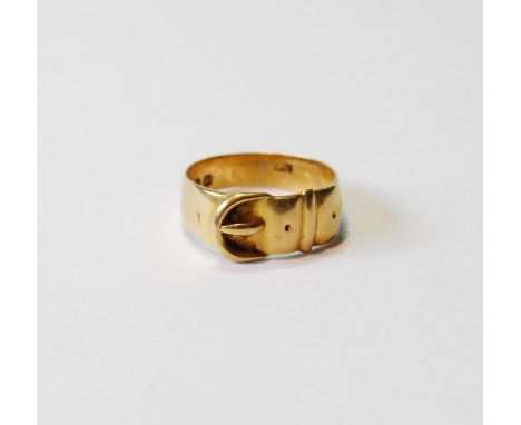 18ct gold buckle ring, 1884, size Q, 5.3g.CONDITION REPORT: The hallmarks are very clear.  Maker's mark ?JP.  Not mis-shapen.
