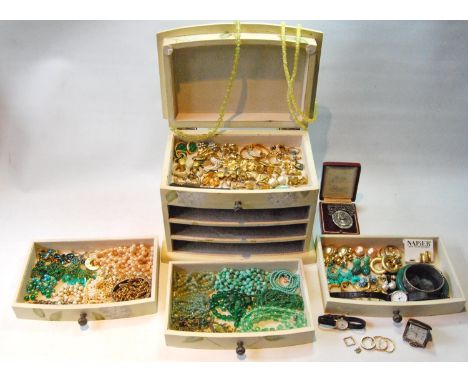 Three 9ct gold rings, Mira golfer's watch, a silver hinged bangle and a quantity of costume jewellery. 
