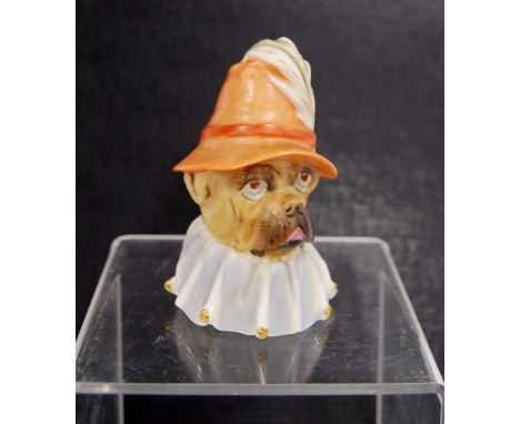 Victorian Royal Worcester novelty candle snuffer modelled as Toby (Mr Punch's dog), designed by James Hadley, wearing an oran