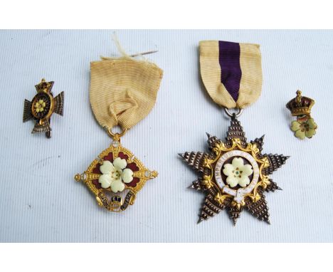 Two Order of the Primrose League medals and two pins, each with central yellow enamelled primrose with accompanying letters a