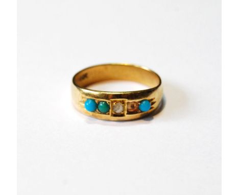 Diamond and turquoise ring in gold, '18ct' (one turquoise missing), size M, 4.3g. 