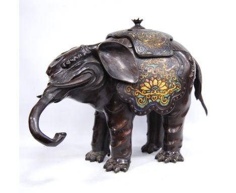 Large bronze and enamelled censer in the form of an elephant, 32cm high. 