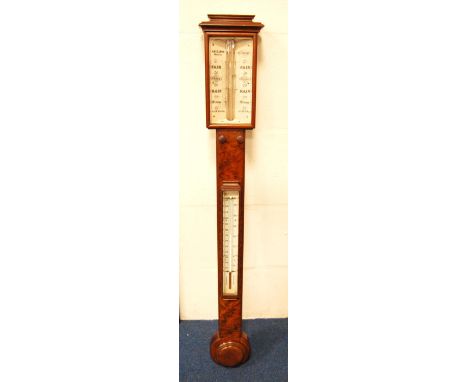 Walnut-cased stick barometer by Adie &amp; Son, Edinburgh, the stepped pediment over rectangular window and trunk thermometer