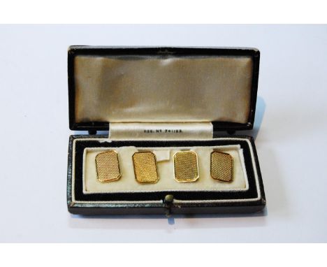 Pair of 18ct gold cufflinks, rectangular engine-turned, 6g. 