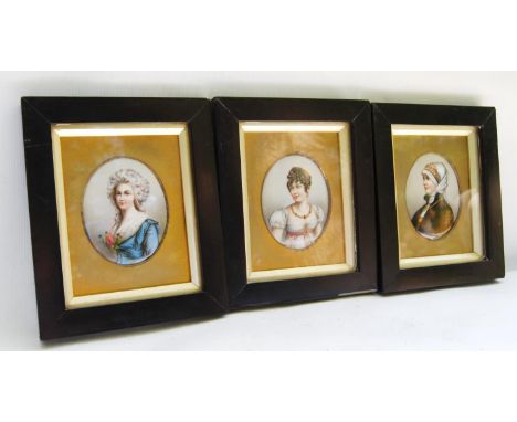 Three 19th century oval portrait plaques depicting Caroline Bonaparte Queen of Naples, Marie Antoinette and another, 8.5cm x 