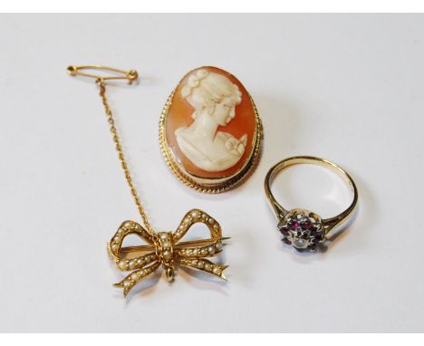 Ruby and diamond ring in 18ct gold, a cameo brooch and a pearl bow brooch. 