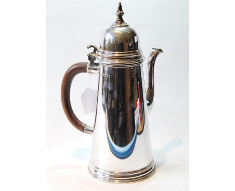 Silver large coffee pot of plain tapering shape with domed cap, side handle and lidded spout, by Mappin &amp; Webb, 1975, 32o