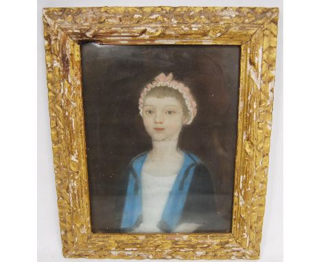 Naïve portrait of Susan Fitzpatrick, daughter of Walter, wearing a pink bonnet, white dress and a blue and black shawl, 22cm 