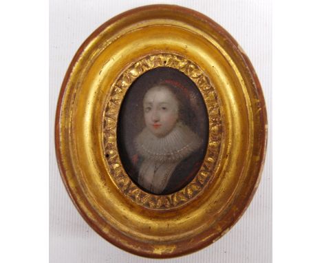 18th/19th century oval portrait of a lady in Elizabethan costume with red braid in her hair, large white ruff, black and red 