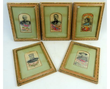 Five mounted silk pictures, depicting historic figures including Baden Powell and Lord Kitchener,