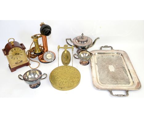 Candlestick telephone, dinner gong, quartz clock and other metalware 