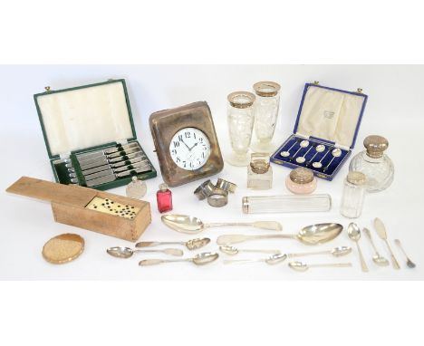 Selection of silver items to include a group of spoons including a cased set of coffee-bean teaspoons, a silver-mounted cranb