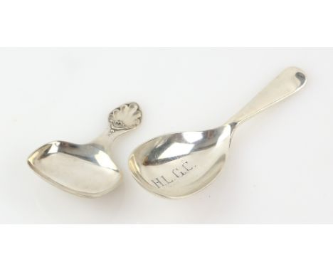 London silver caddy spoon with golf club links and a shell pattern and a shell pattern Sheffield silver caddy spoon 