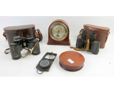 Early 20th century mahogany cased day dial calendar, 19th century brass and mahogany cased table level, a compass stamped The