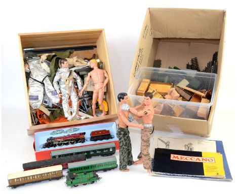 Two Action Man figures Palitoy C.1964, two Chinese Action figures, with costumes and accessories, ,  Hornby R258 Princess Eli