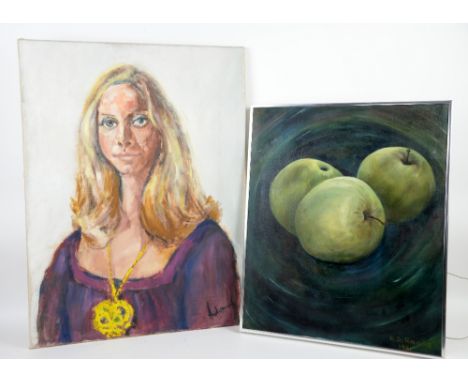 As Raissis study of apples oil on canvas  and Adams portrait of a blonde lady oil on canvas  (2)
