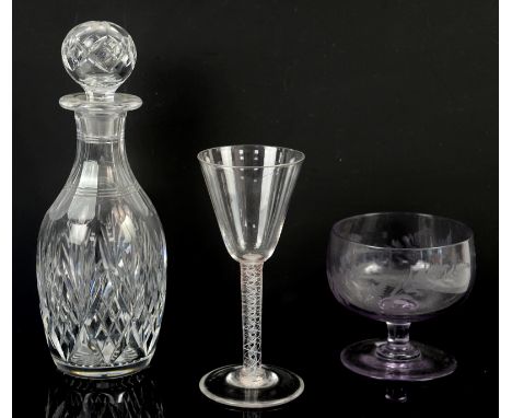19th century wine glass with air twist stem , glass  goblet engraved with a fern and a decanter 