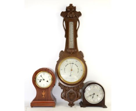 Early 20th century mahogany cased mantel clock, carved oak barometer and a 1920's mantel clock 