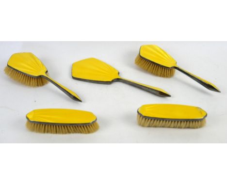 Five piece silver and enamel dressing table set, Birmingham 1931